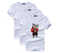 Lot de 3 T-Shirt Homme Col V Manches Courtes Casual Tee Shirt Ete Coupe Droite Imprimé Chat de Boxe - Blanc M