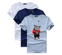 Lot de 3 T-Shirt Homme Col V Manches Courtes Casual Tee Shirt Ete Coupe Droite Imprimé Chat de Boxe - Blanc/bleu/gris XL