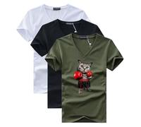Lot de 3 T-Shirt Homme Col V Manches Courtes Casual Tee Shirt Ete Coupe Droite Imprimé Chat de Boxe - Blanc/noir/vert XL