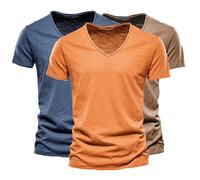 Lot de 3 t-shirts à col en V pour homme - Tendance - En coton flammé - Hauts d'été basiques confortables - Couleurs unies - Pour les loisirs quotidiens et les vacances - Coton doux et respirant