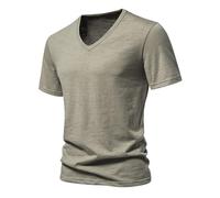 Lot de 3 t-shirts à col en V pour homme - Tendance - En coton flammé - Hauts d'été basiques confortables - Couleurs unies - Pour les loisirs quotidiens et les vacances - Coton doux et respirant, Kaki