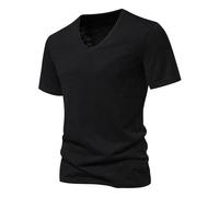Lot de 3 t-shirts à col en V pour homme - Tendance - En coton flammé - Hauts d'été basiques confortables - Couleurs unies - Pour les loisirs quotidiens et les vacances - Coton doux et respirant, Noir