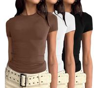 Lot de 3 t-shirts à col rond pour femme - Basic Y2k - Couleur unie - Manches courtes/manches longues - Coupe ajustée, Manches courtes, L