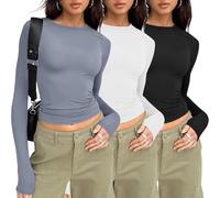 Lot de 3 t-shirts à col rond pour femme - Basic Y2k - Couleur unie - Manches courtes/manches longues - Coupe ajustée, Manches longues, gris ardoise, XXL