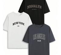 Lot de 3 t-shirts à manches courtes grande taille noirs, blancs et gris imprimés avec lettres New York et Brooklyn en anglais 2XL,3XL,4XL,5XL,6XLTissu tricoté