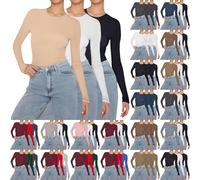 Lot de 3 t-shirts à manches longues pour femme - En coton - Col rond - Manches longues - Thermique - Coupe ajustée - Pour le printemps - Élégant - Moderne, Demi-sang, XS