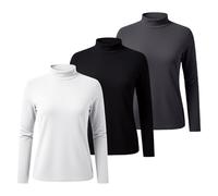 Lot de 3 t-shirts à manches longues pour femme - Pull long en coton uni - Col roulé - Coupe ajustée - Sous-vêtements thermiques - 3 pièces