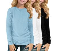Lot de 3 t-shirts à manches longues pour fille - Couleur unie - Col rond - Pour enfants de 3 à 14 ans - Chemises classiques et décontractées pour l'école et le quotidien, Bleu ciel/blanc-noir, 11-12