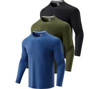 Lot de 3 t-Shirts à Manches Longues pour Homme, Coupe sèche, légers et athlétiques avec Trous pour Les Pouces pour la randonnée, Olive/Noir/Bleu Acier, Taille M
