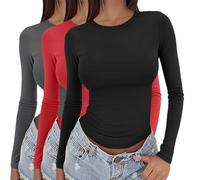 Lot de 3 t-shirts basiques à manches longues pour femme 2025 - Haut basique à manches longues - Col rond - Superposition - Esthétique pour l'intérieur et l'extérieur, le travail ou la vie quotidienne