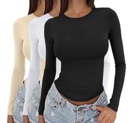Lot de 3 t-shirts basiques à manches longues pour femme 2025 - Haut basique à manches longues - Col rond - Superposition - Esthétique pour l'intérieur et l'extérieur, le travail ou la vie quotidienne