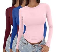 Lot de 3 t-shirts basiques à manches longues pour femme 2025 - Haut basique à manches longues - Col rond - Superposition - Esthétique pour l'intérieur et l'extérieur, le travail ou la vie quotidienne