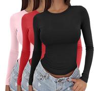 Lot de 3 t-shirts basiques à manches longues pour femme 2025 - Haut basique à manches longues - Col rond - Superposition - Esthétique pour l'intérieur et l'extérieur, le travail ou la vie quotidienne