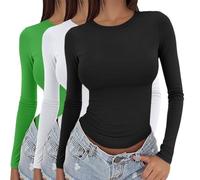 Lot de 3 t-shirts basiques à manches longues pour femme 2025 - Haut basique à manches longues - Col rond - Superposition - Esthétique pour l'intérieur et l'extérieur, le travail ou la vie quotidienne