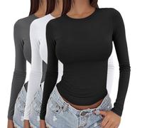 Lot de 3 t-shirts basiques à manches longues pour femme 2025 - Haut basique à manches longues - Col rond - Superposition - Esthétique pour l'intérieur et l'extérieur, le travail ou la vie quotidienne