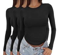 Lot de 3 t-shirts basiques à manches longues pour femme 2025 - Haut basique à manches longues - Col rond - Superposition - Esthétique pour l'intérieur et l'extérieur, le travail ou la vie quotidienne