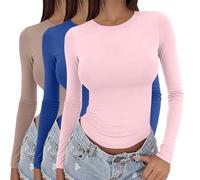 Lot de 3 t-shirts basiques à manches longues pour femme 2025 - Haut basique à manches longues - Col rond - Superposition - Esthétique pour l'intérieur et l'extérieur, le travail ou la vie quotidienne