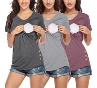Lot de 3 t-shirts de maternité à manches courtes et boutons latéraux et col rond, couleur unie, hauts d'allaitement pour l'allaitement, noir pailleté, gris foncé, S