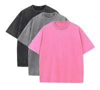 Lot de 3 t-shirts d'été surdimensionnés en coton lourd pour homme, vintage, coupe ample, manches courtes, t-shirts décontractés pour hommes et femmes, Noir + gris + rose rouge, Taille L