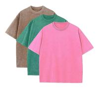 Lot de 3 t-shirts d'été surdimensionnés en coton lourd pour homme, vintage, coupe ample, manches courtes, t-shirts décontractés pour hommes et femmes, Café + vert + rose, XX-Large