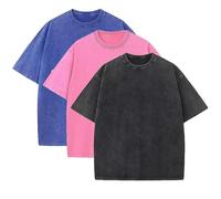 Lot de 3 t-shirts d'été surdimensionnés en coton lourd pour homme, vintage, coupe ample, manches courtes, t-shirts décontractés pour hommes et femmes, Bleu + Rose + Noir, Taille XL