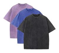 Lot de 3 t-shirts d'été surdimensionnés en coton lourd pour homme, vintage, coupe ample, manches courtes, t-shirts décontractés pour hommes et femmes, Violet + Bleu + Noir, Taille L