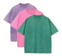 Lot de 3 t-shirts d'été surdimensionnés en coton lourd pour homme, vintage, coupe ample, manches courtes, t-shirts décontractés pour hommes et femmes, Violet + Rose + Vert, Taille M