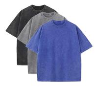 Lot de 3 t-shirts d'été surdimensionnés en coton lourd pour homme, vintage, coupe ample, manches courtes, t-shirts décontractés pour hommes et femmes, Noir + gris + bleu, Taille M