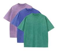 Lot de 3 t-shirts d'été surdimensionnés en coton lourd pour homme, vintage, coupe ample, manches courtes, t-shirts décontractés pour hommes et femmes, Violet + Bleu + Vert, Taille L