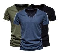 Lot de 3 t-shirts en coton pour homme - Manches courtes - Col en V - Hauts d'été - Couleur unie - Basique - Décontracté - Respirant - T-shirt de sport musculaire, e, L