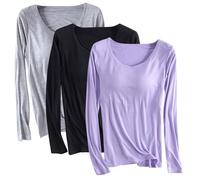 Lot de 3 t-shirts en modal avec soutien-gorge intégré pour femme - Chemise rembourrée à manches longues - Haut de yoga doux confortable - Vêtements de sport décontractés - Chemise d'entraînement