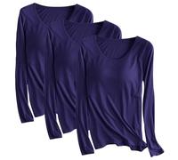 Lot de 3 t-shirts en modal avec soutien-gorge intégré pour femme - Chemise rembourrée à manches longues - Haut de yoga doux confortable - Vêtements de sport décontractés - Vêtements de nuit - Chemise