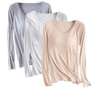 Lot de 3 t-shirts en modal avec soutien-gorge intégré pour femme - Chemise rembourrée à manches longues - Haut de yoga doux confortable - Vêtements de sport décontractés - Chemise d'entraînement