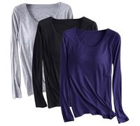 Lot de 3 t-shirts en modal avec soutien-gorge intégré pour femme - Chemise rembourrée à manches longues - Haut de yoga doux confortable - Vêtements de sport décontractés - Vêtements de nuit - Chemise