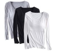 Lot de 3 t-shirts en modal avec soutien-gorge intégré pour femme - Chemise rembourrée à manches longues - Haut de yoga doux confortable - Vêtements de sport décontractés - Vêtements de nuit - Chemise