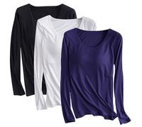 Lot de 3 t-shirts en modal avec soutien-gorge intégré pour femme - Chemise rembourrée à manches longues - Haut de yoga doux confortable - Vêtements de sport décontractés - Chemise d'entraînement