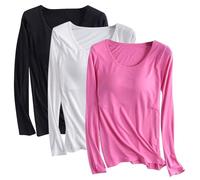 Lot de 3 t-shirts en modal avec soutien-gorge intégré pour femme - Chemise rembourrée à manches longues - Haut de yoga doux confortable - Vêtements de sport décontractés - Chemise d'entraînement