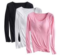 Lot de 3 t-shirts en modal avec soutien-gorge intégré pour femme - Chemise rembourrée à manches longues - Haut de yoga doux confortable - Vêtements de sport décontractés - Chemise d'entraînement