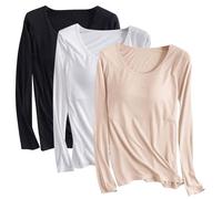 Lot de 3 t-shirts en modal avec soutien-gorge intégré pour femme - Chemise rembourrée à manches longues - Haut de yoga doux confortable - Vêtements de sport décontractés - Chemise d'entraînement