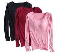 Lot de 3 t-shirts en modal avec soutien-gorge intégré pour femme - Chemise rembourrée à manches longues - Haut de yoga doux confortable - Vêtements de sport décontractés - Chemise d'entraînement