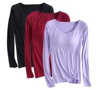 Lot de 3 t-shirts en modal avec soutien-gorge intégré pour femme - Chemise rembourrée à manches longues - Haut de yoga doux confortable - Vêtements de sport décontractés - Vêtements de nuit - Chemise