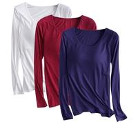 Lot de 3 t-shirts en modal avec soutien-gorge intégré pour femme - Chemise rembourrée à manches longues - Haut de yoga doux confortable - Vêtements de sport décontractés - Chemise d'entraînement