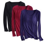 Lot de 3 t-shirts en modal avec soutien-gorge intégré pour femme - Chemise rembourrée à manches longues - Haut de yoga doux confortable - Vêtements de sport décontractés - Chemise d'entraînement