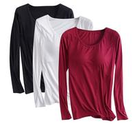 Lot de 3 t-shirts en modal avec soutien-gorge intégré pour femme - Chemise rembourrée à manches longues - Haut de yoga doux confortable - Vêtements de sport décontractés - Chemise d'entraînement