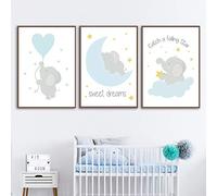 Lot de 3 Tableaux Décoratifs pour Chambre de Bébé ou d’enfant Posters Elephant Ballon Lune Etoile Nuage Affiches Bleu Gris Garcon Cadeaux NPTWC002-S