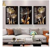 Lot de 3 tableaux muraux modernes noirs et dorés - Feuilles dorées Tableau mural Pour le salon Noir et d OBJET DE DECORATION MURALE