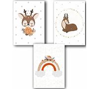 Lot de 3 tableaux muraux pour chambre d'enfant | DIN A3 & DIN A4 | Décoration pour chambre de bébé fille garçon Images aquarelles animaux de la forêt scandinave (format A4, P1021)