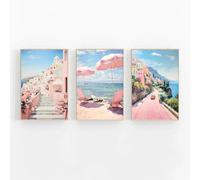 Lot de 3 tableaux muraux tendance sur la côte rose d'Italie, affiche sur toile pastel, décoration esthétique rose pastel preppy, tableau de plage 40 x 60 cm, sans cadre