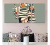 Lot de 3 tableaux sur toile, représentant un livre sur la tête d'une femme. Affiches et impressions pour bureau, salon, chambre, bar, cadeaux d'invités. Dimensions : 60 x 90 cm x 3 (sans cadre).