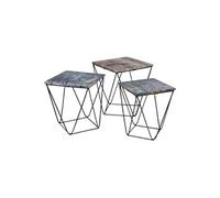 Lot de 3 Tables Basses Acier et Effet Marbre Bleu - ERLING -